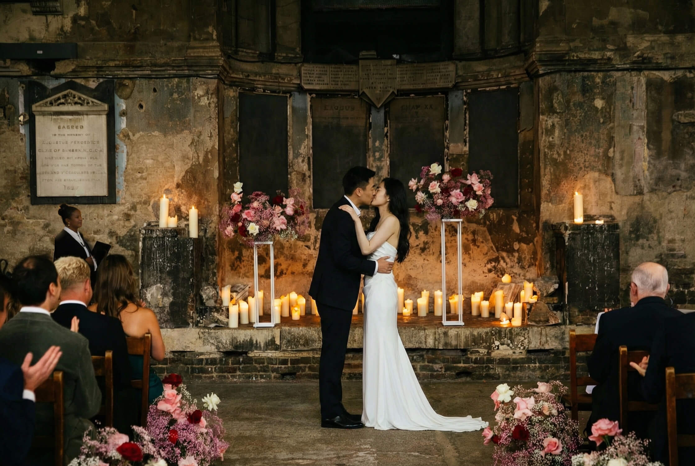 Couple kissing during intimate candlelit ceremony at Asylum Chapel, one of the best places to elope in London.