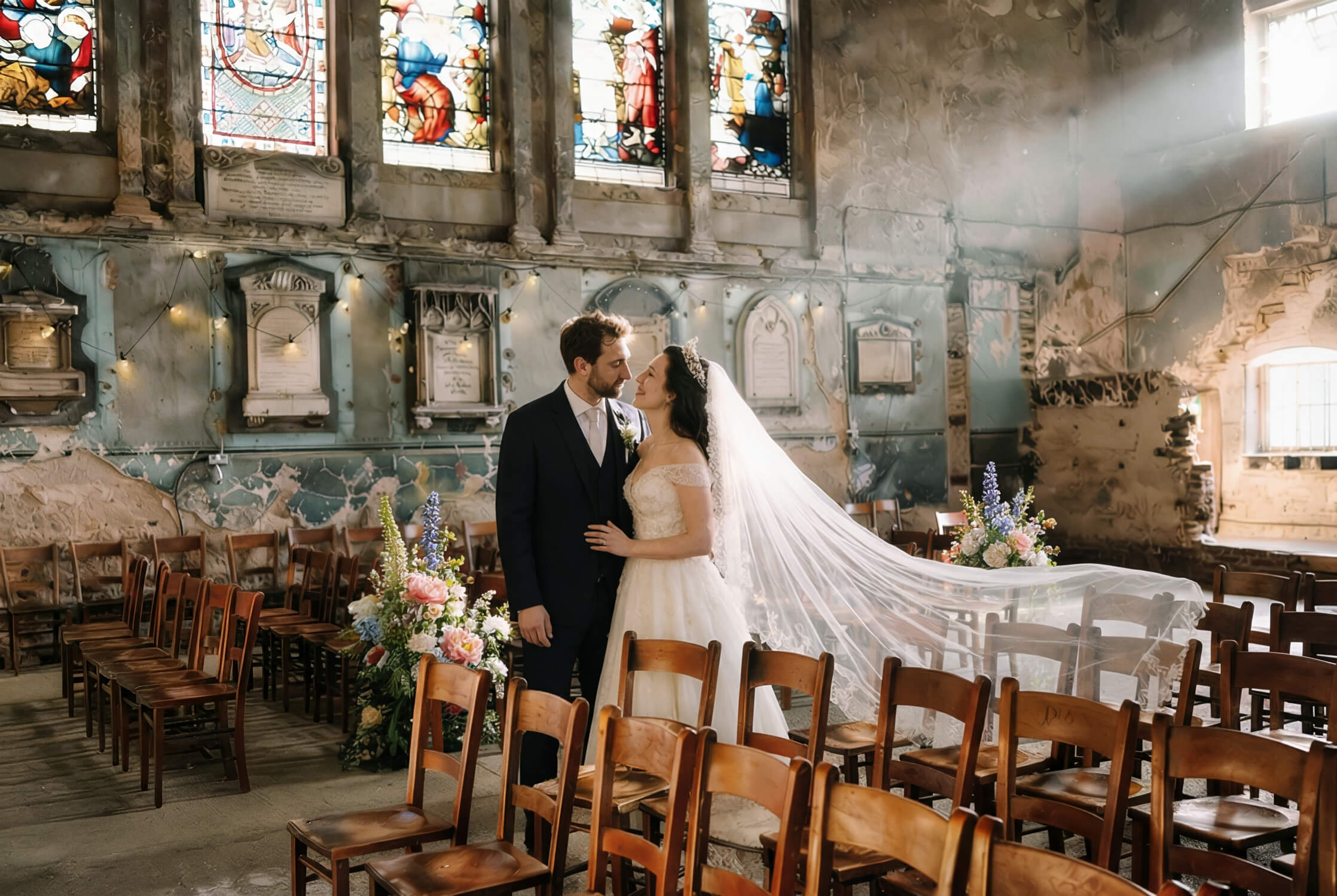 Bride and groom sharing an intimate moment inside Asylum Chapel with stained glass and soft light, one of the best places to elope in London.